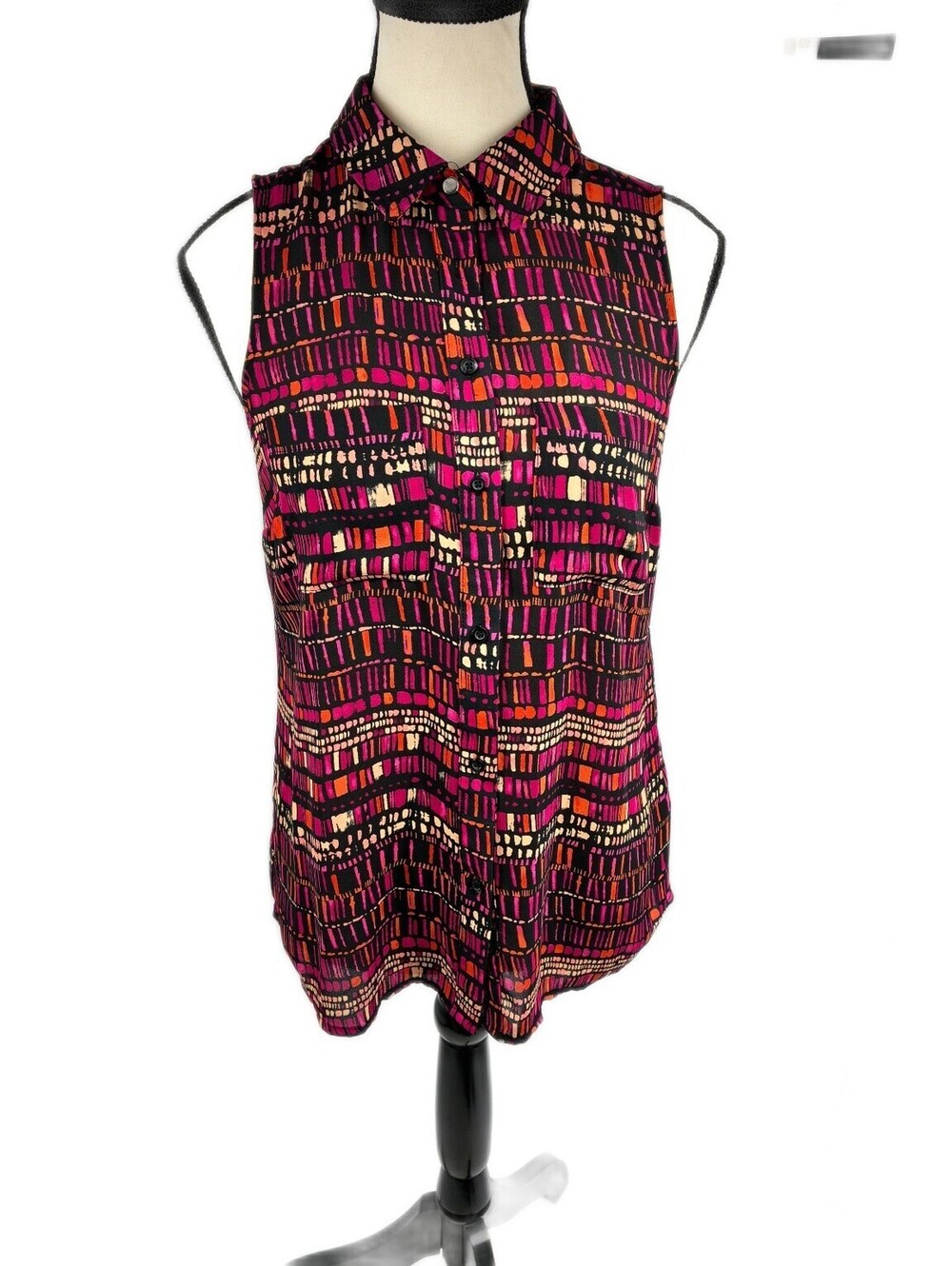 APT. 9 Womens XS Sleeveless Button-Up Blouse Top Black Fuchsia Abstract Pattern